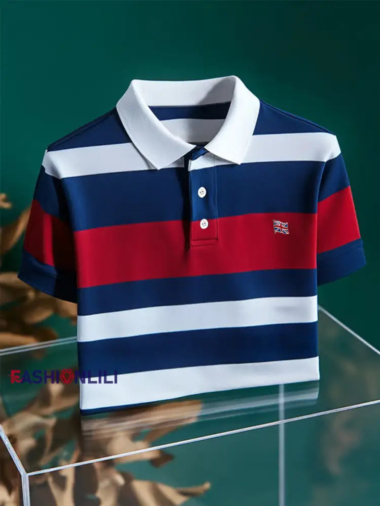 Men’s UK Flag Colorblock Stripes Print Casual Top Navy Blue / S