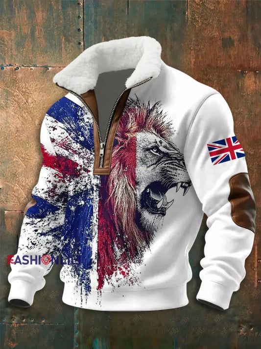 Men’s UK Flag Lion Print zip-up hoodie White / S