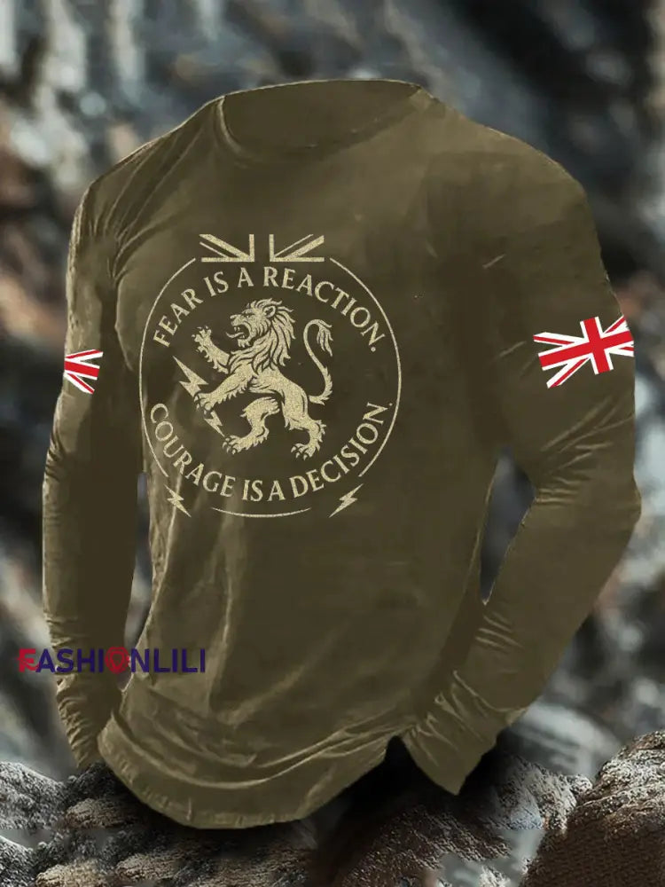 Men’s UK Flag Lion Printed Casual Tops Army Green / S