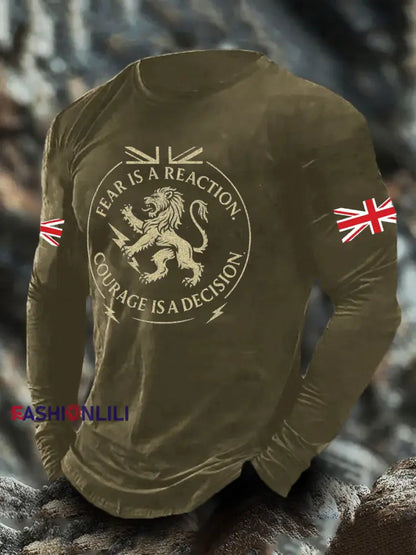 Men’s UK Flag Lion Printed Casual Tops Army Green / S