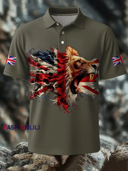 Men’s UK Flag Lion Printed Casual Tops Army Green / S