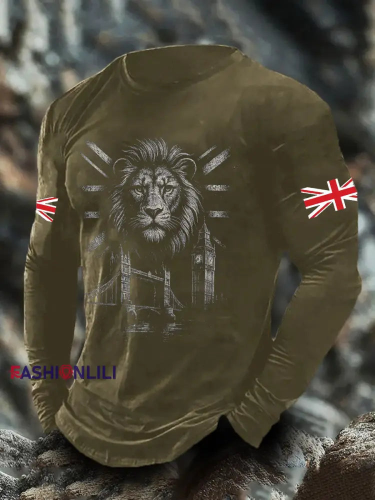 Men’s UK Flag Lion Printed Casual Tops Army Green / S
