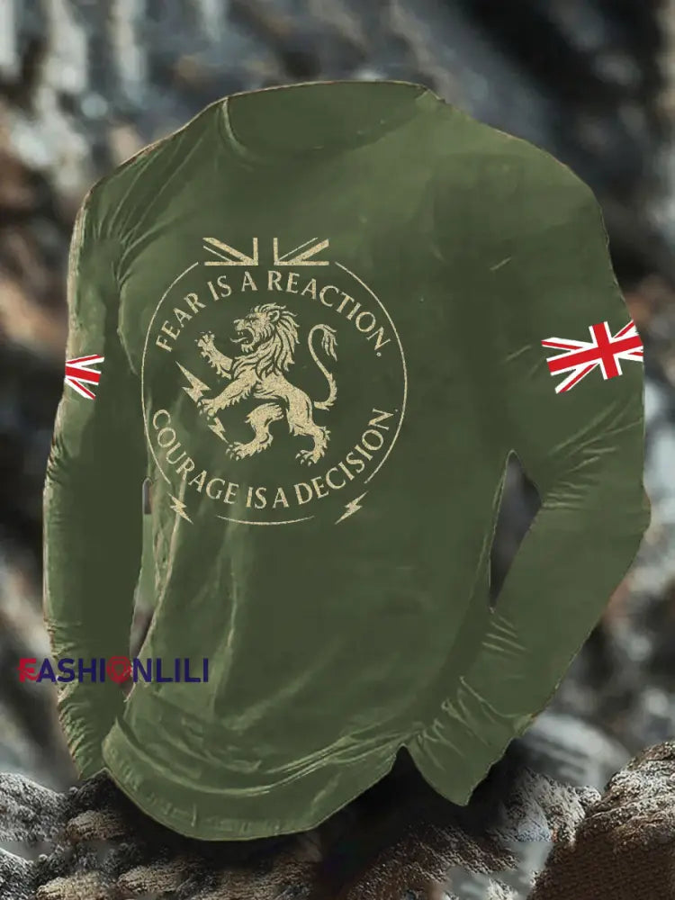 Men’s UK Flag Lion Printed Casual Tops Army Green / S