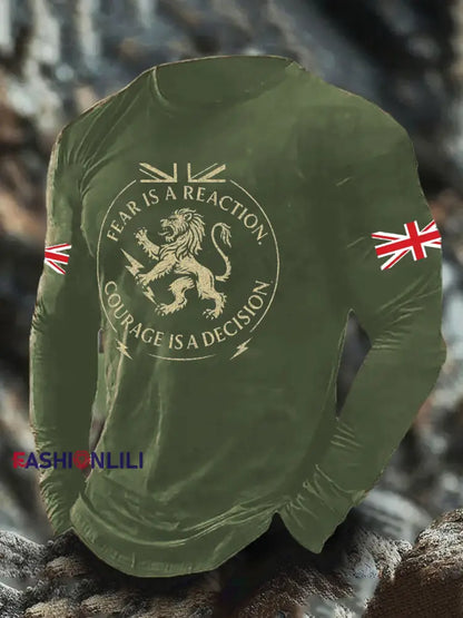 Men’s UK Flag Lion Printed Casual Tops Army Green / S
