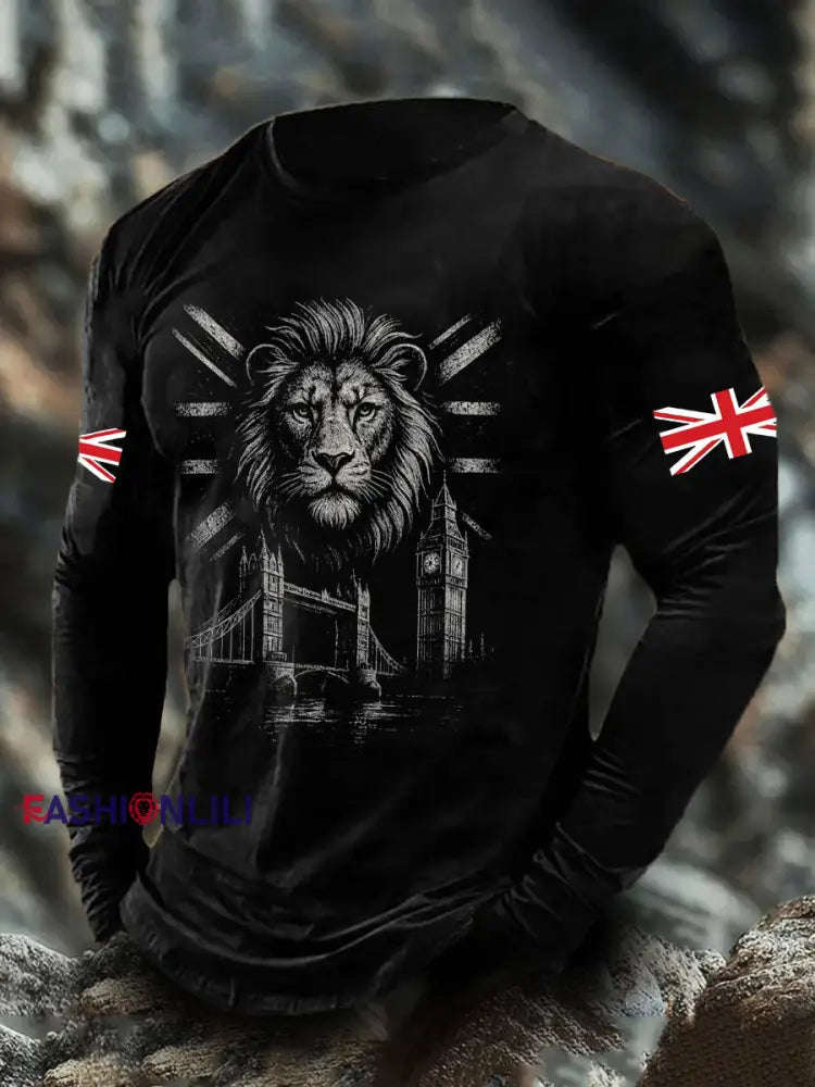 Men’s UK Flag Lion Printed Casual Tops Black / S
