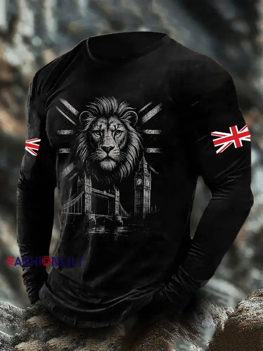 Men’s UK Flag Lion Printed Casual Tops Black / S