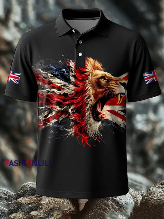 Men’s UK Flag Lion Printed Casual Tops Black / S