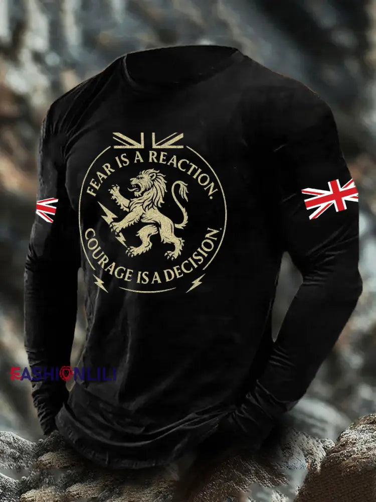 Men’s UK Flag Lion Printed Casual Tops Black / S
