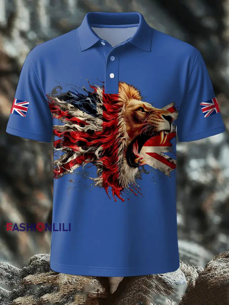 Men’s UK Flag Lion Printed Casual Tops Blue / S