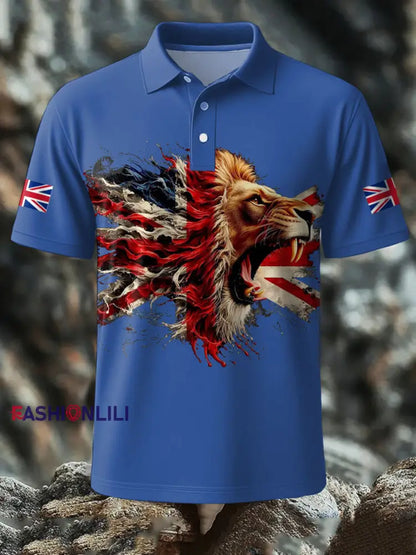 Men’s UK Flag Lion Printed Casual Tops Blue / S