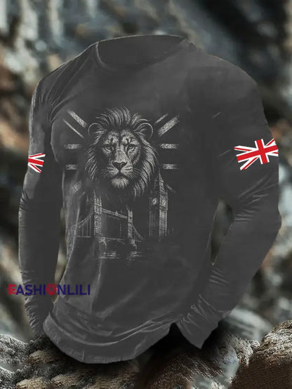 Men’s UK Flag Lion Printed Casual Tops Gray / S