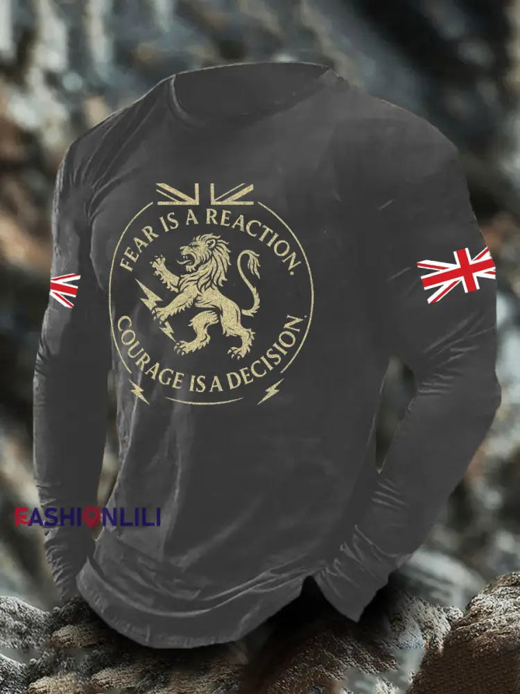 Men’s UK Flag Lion Printed Casual Tops Gray / S
