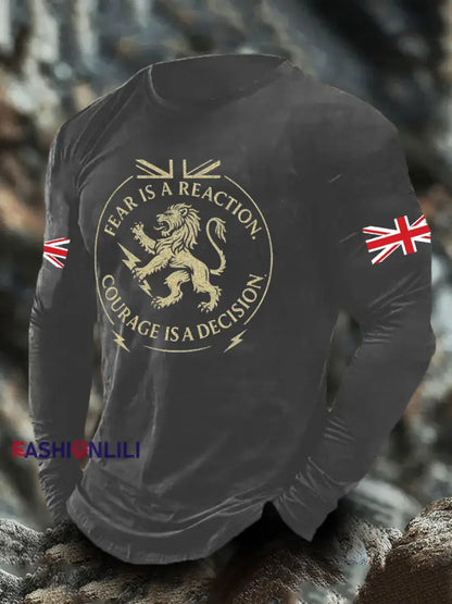Men’s UK Flag Lion Printed Casual Tops Gray / S