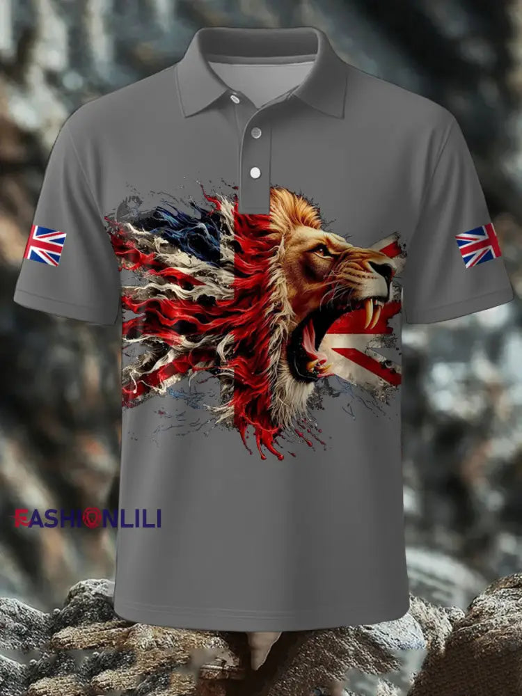 Men’s UK Flag Lion Printed Casual Tops Light Gray / S