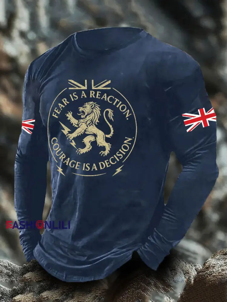 Men’s UK Flag Lion Printed Casual Tops Navy Blue / S