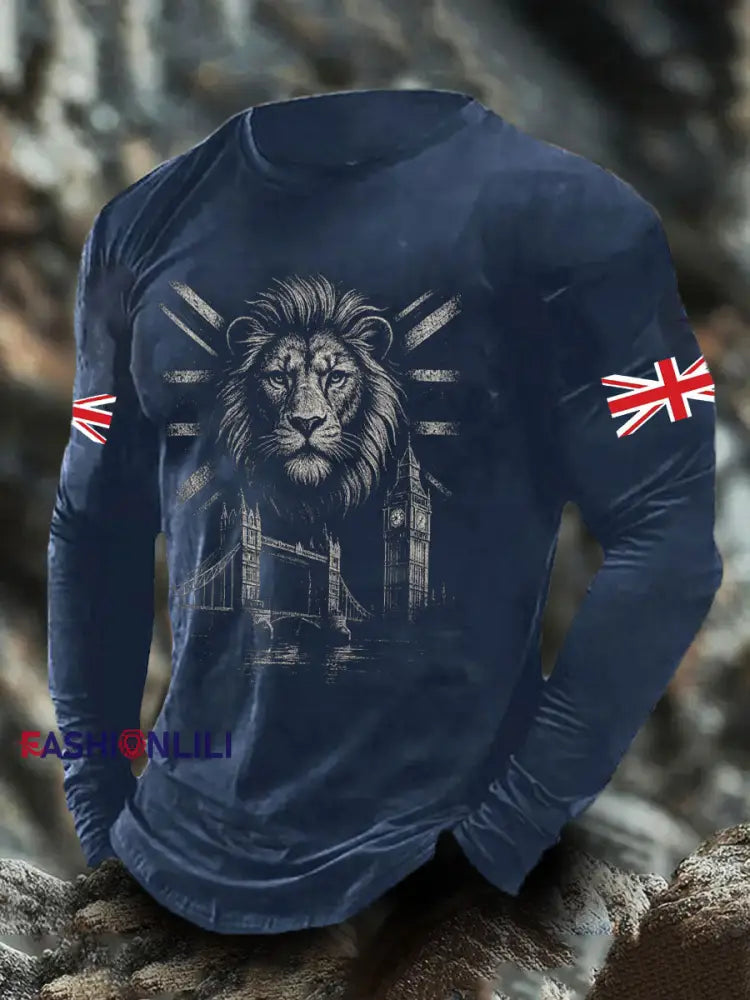 Men’s UK Flag Lion Printed Casual Tops Navy Blue / S
