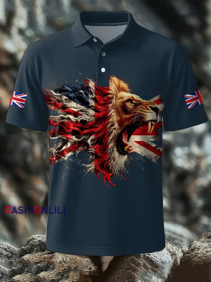 Men’s UK Flag Lion Printed Casual Tops Navy Blue / S