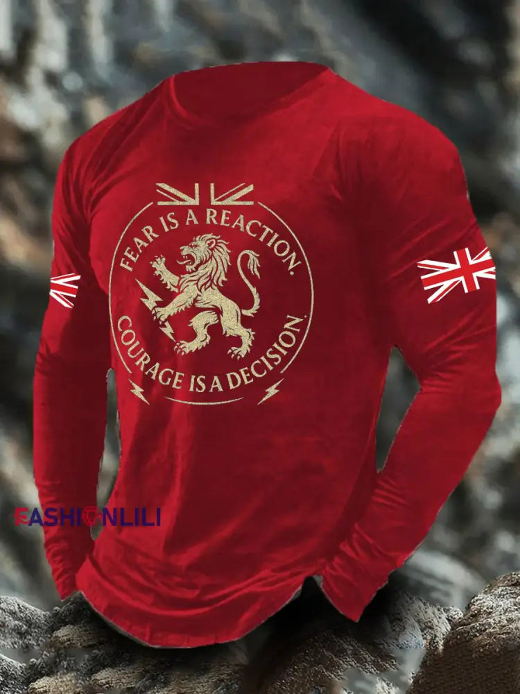 Men’s UK Flag Lion Printed Casual Tops Red / S