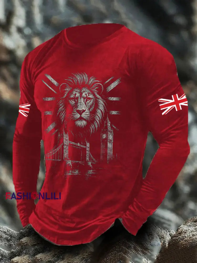 Men’s UK Flag Lion Printed Casual Tops Red / S