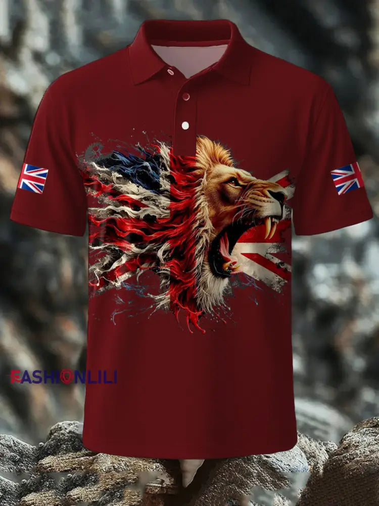 Men’s UK Flag Lion Printed Casual Tops Red / S
