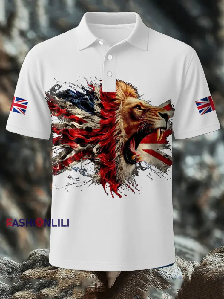 Men’s UK Flag Lion Printed Casual Tops White / S