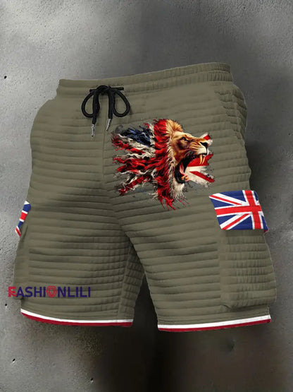 Men’s UK Flag Lion Printed Shorts Army Green / S