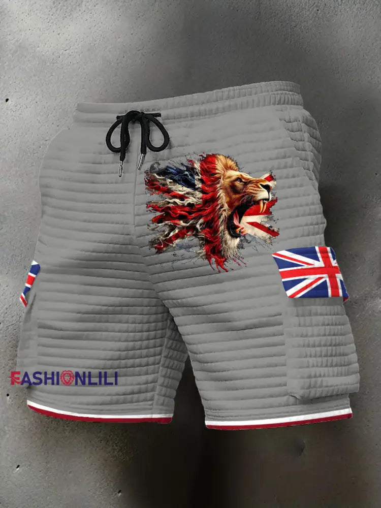 Men’s UK Flag Lion Printed Shorts Light Gray / S