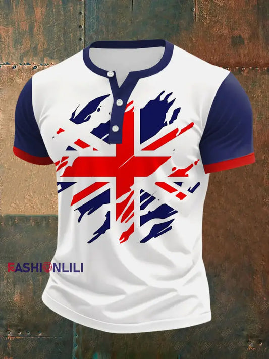 Men’s UK Flag Print Casual Henley Neck Tee Blue / S