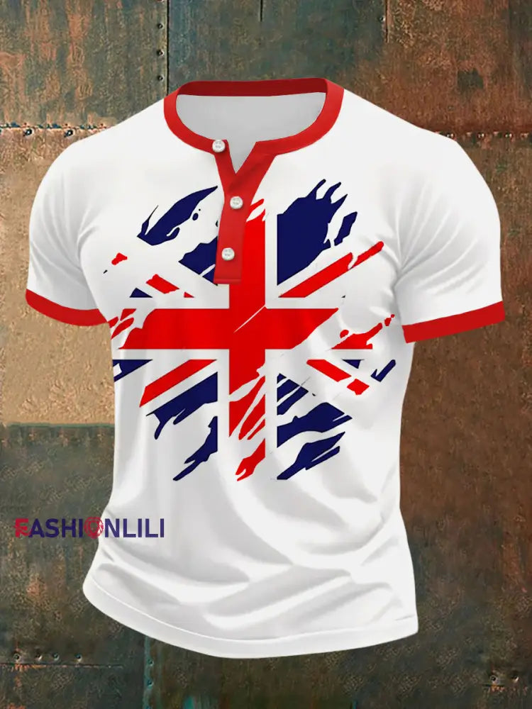 Men’s UK Flag Print Casual Henley Neck Tee Red / S