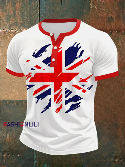 Men’s UK Flag Print Casual Henley Neck Tee Red / S