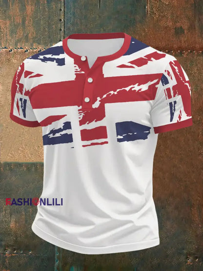 Men’s UK Flag Print Casual Henley Neck Tee Red / S