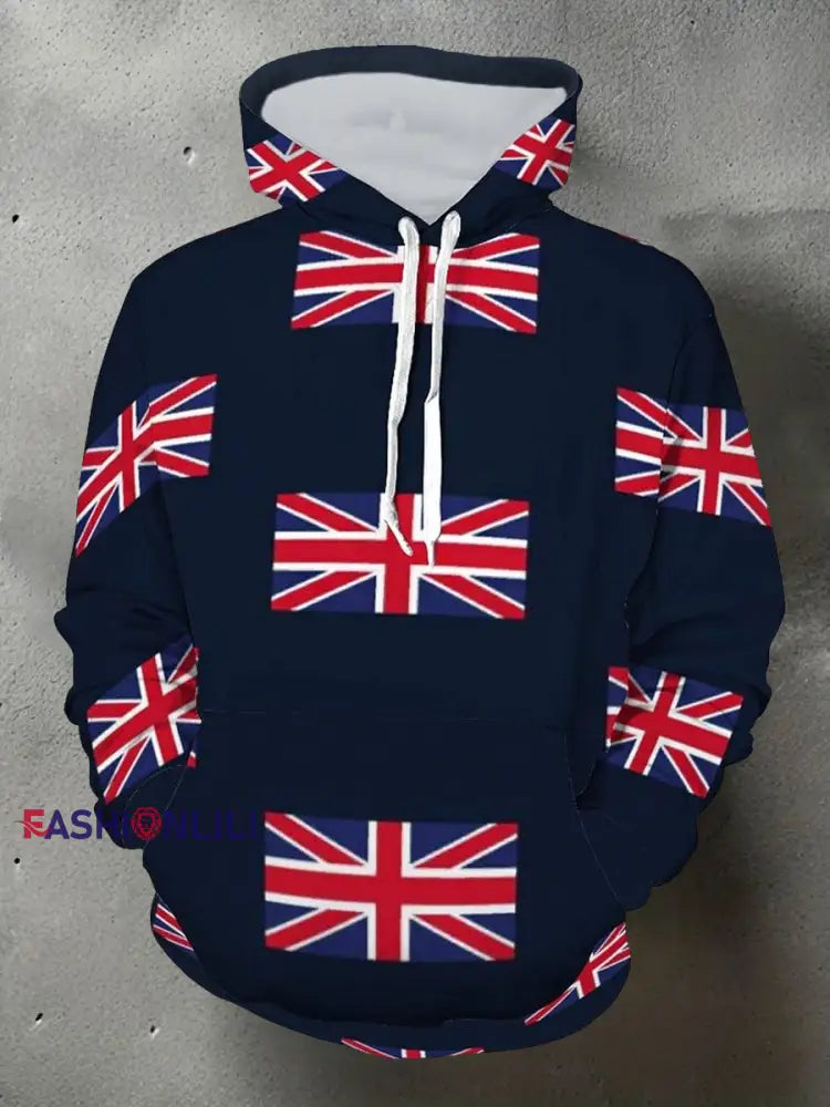Men’s UK Flag Print Casual Hoodie Navy Blue / S