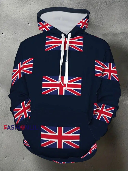 Men’s UK Flag Print Casual Hoodie Navy Blue / S