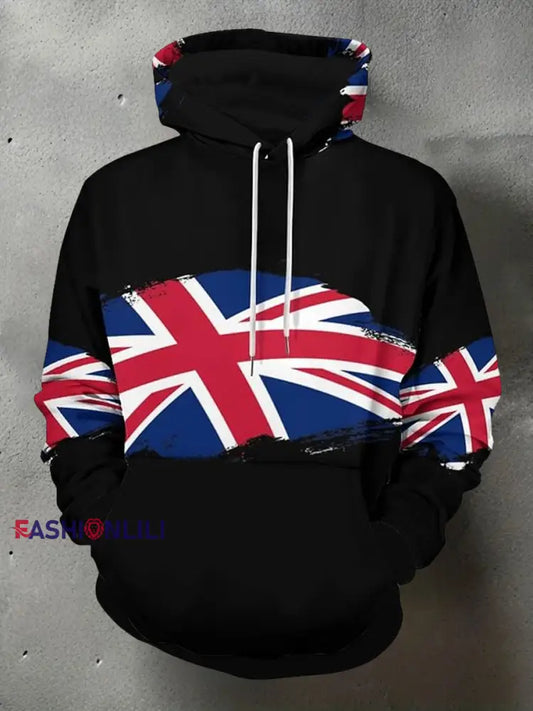 Men’s UK Flag Print Casual Pocket Hoodie Black / S