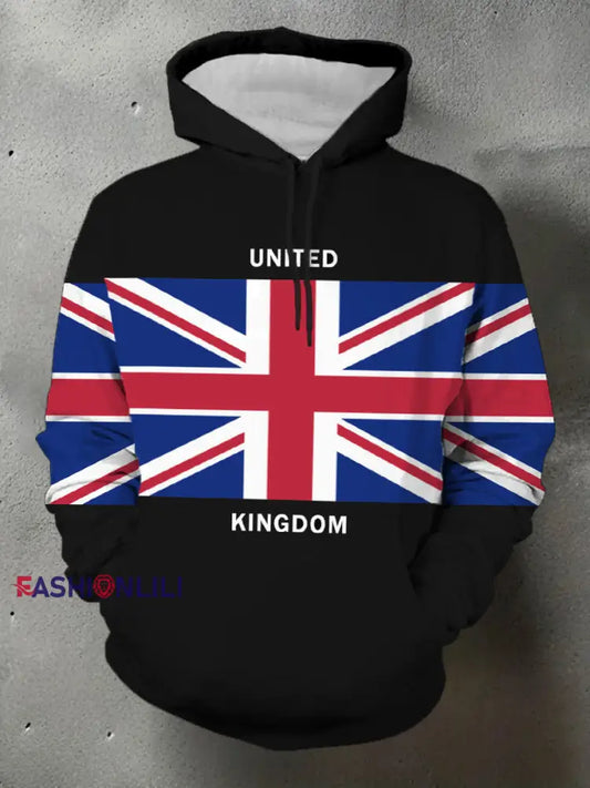 Men’s UK Flag Print Casual Pocket Hoodie Black / S