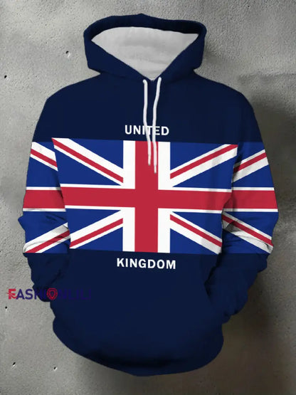 Men’s UK Flag Print Casual Pocket Hoodie Navy Blue / S