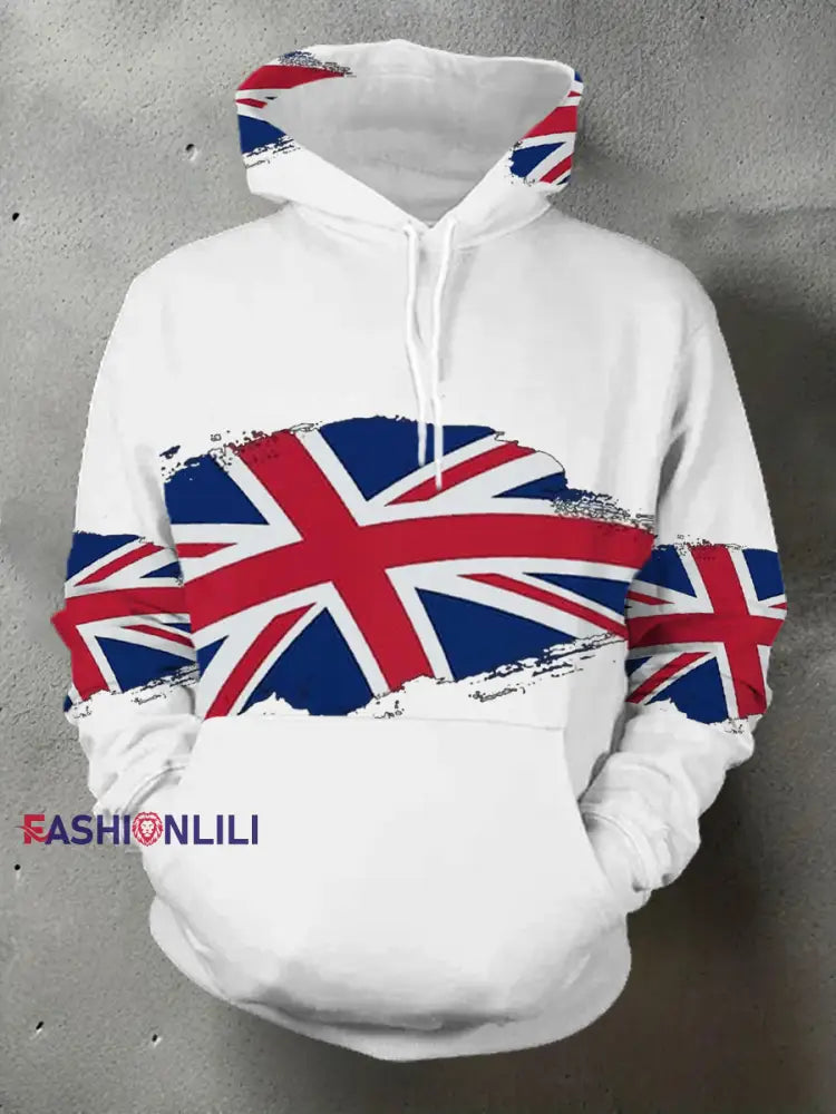 Men’s UK Flag Print Casual Pocket Hoodie White / S