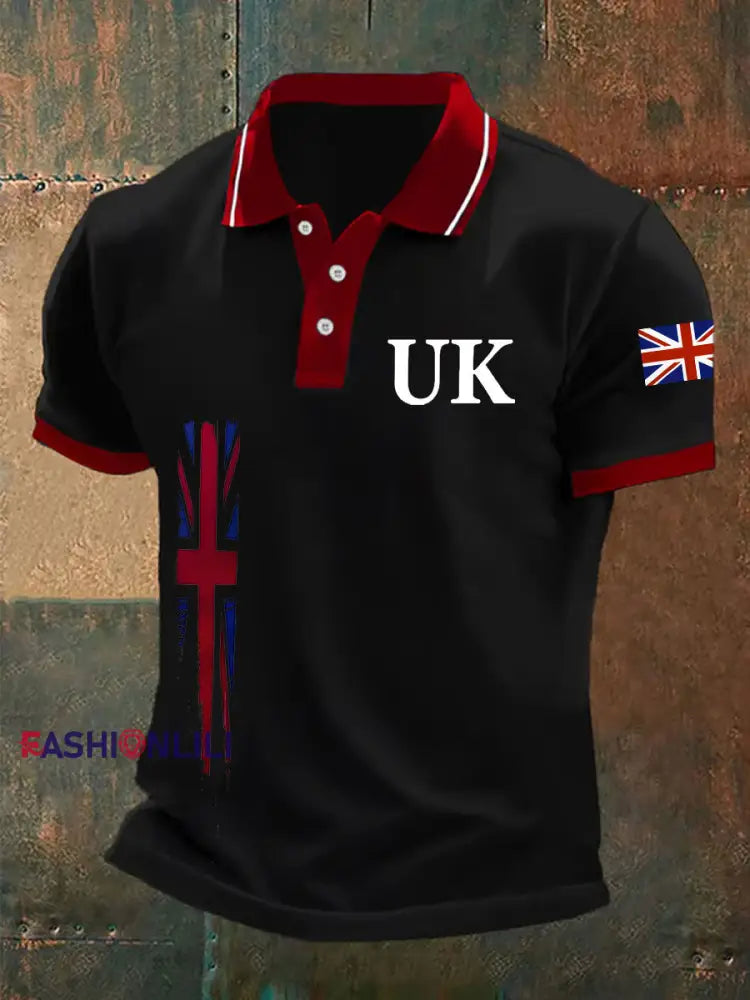 Men’s UK Flag Print Casual Polo Black / S