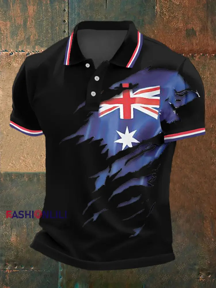 Men’s UK Flag Print Casual Polo Black / S