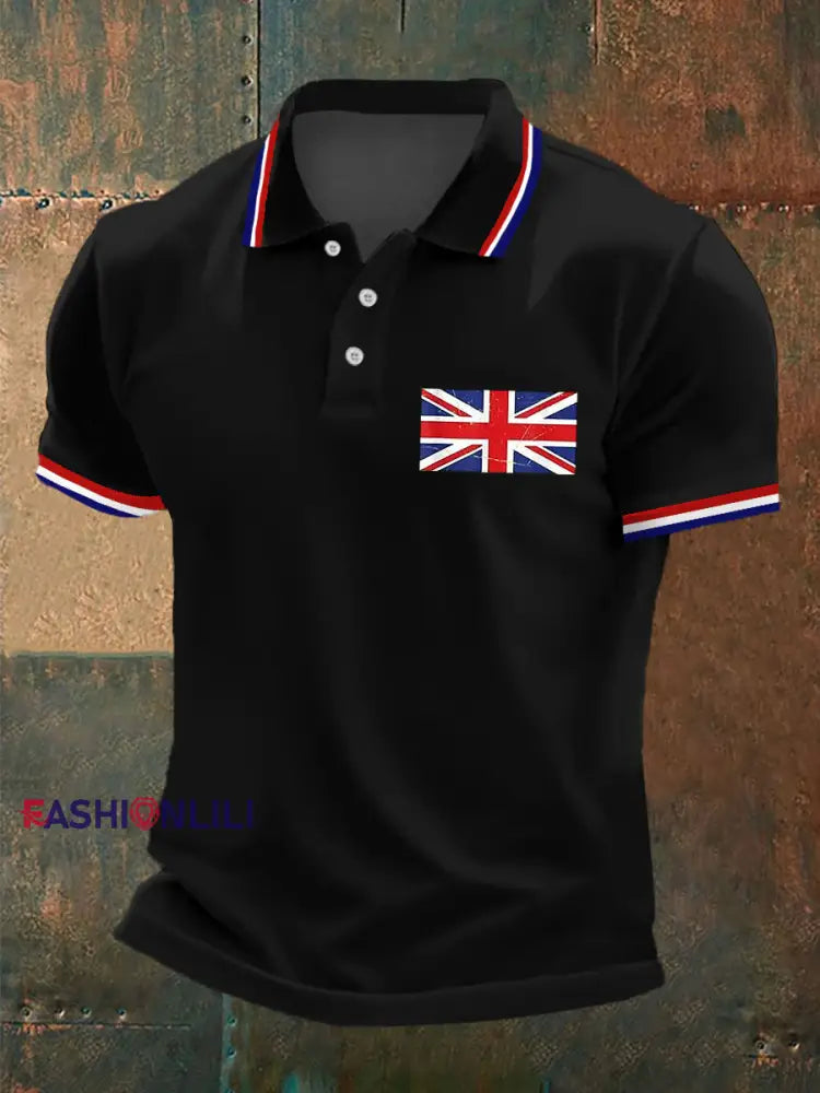 Men’s UK Flag Print Casual Polo Black / S
