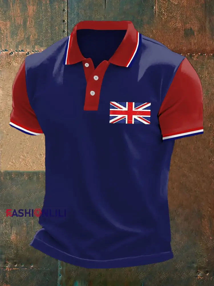 Men’s UK Flag Print Casual Polo Blue / S