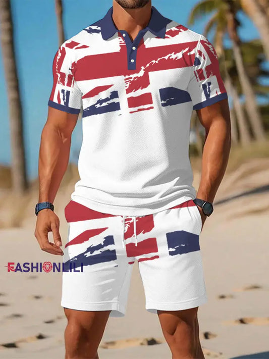 Men’s UK Flag Print Casual Polo Two-Piece Sets Blue / S