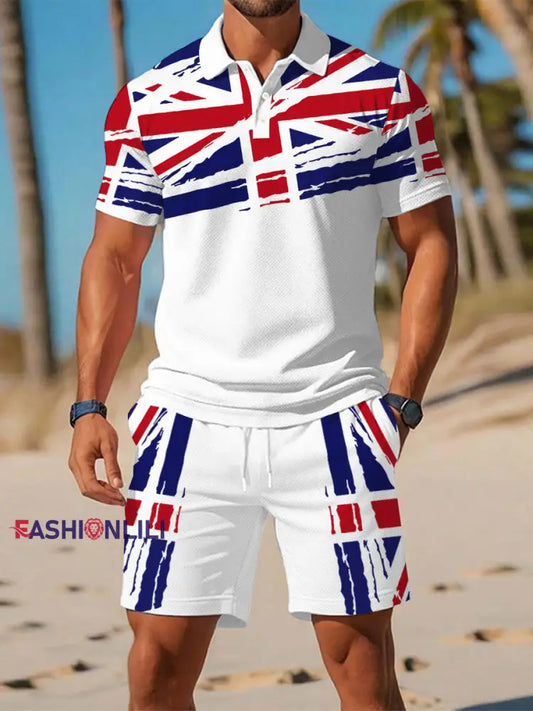 Men’s UK Flag Print Casual Polo Two-Piece Sets White / S