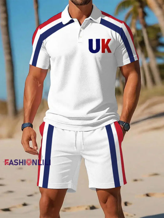 Men’s UK Flag Print Casual Polo Two-Piece Sets White / S