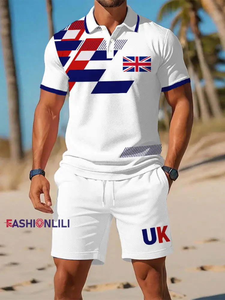 Men’s UK Flag Print Casual Polo Two-Piece Sets White / S