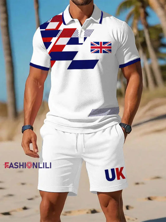 Men’s UK Flag Print Casual Polo Two-Piece Sets White / S