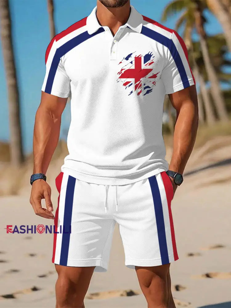 Men’s UK Flag Print Casual Polo Two-Piece Sets White / S