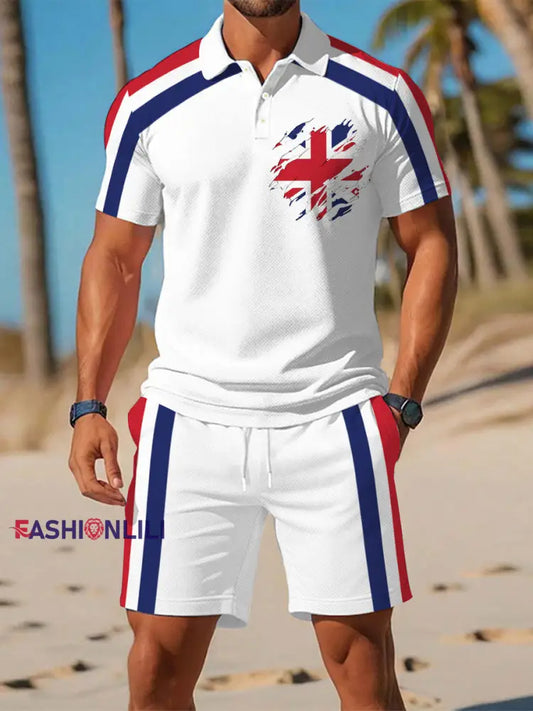 Men’s UK Flag Print Casual Polo Two-Piece Sets White / S