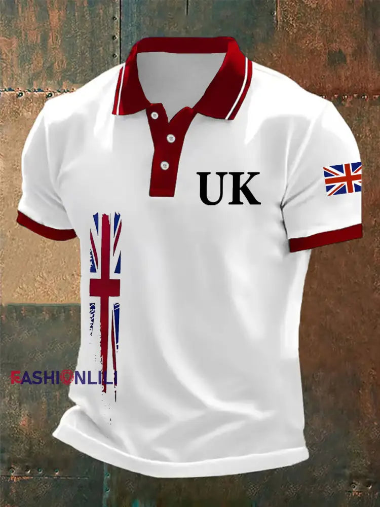 Men’s UK Flag Print Casual Polo White / S