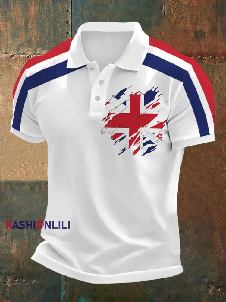 Men’s UK Flag Print Casual Polo White / S